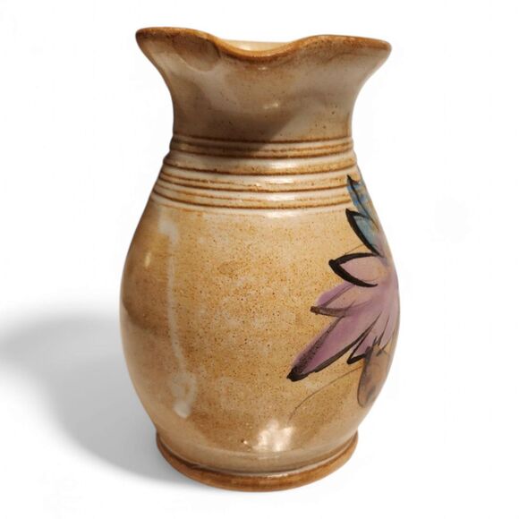 Vintage Hand-Painted Floral Pitcher Vase – Glazed Terracotta Clay Pottery, 6" H - Picture 8 of 9